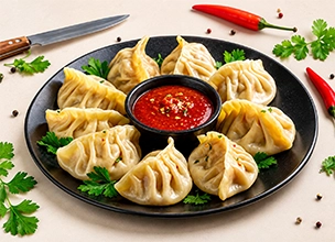 Steamed momo dumplings arranged around a spicy red dipping sauce served at a North Indian restaurant in Singapore.